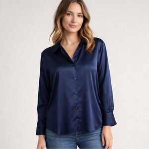 👉 Elegant Midnight Blue Satin Button Front Blouse Size M Office Chic